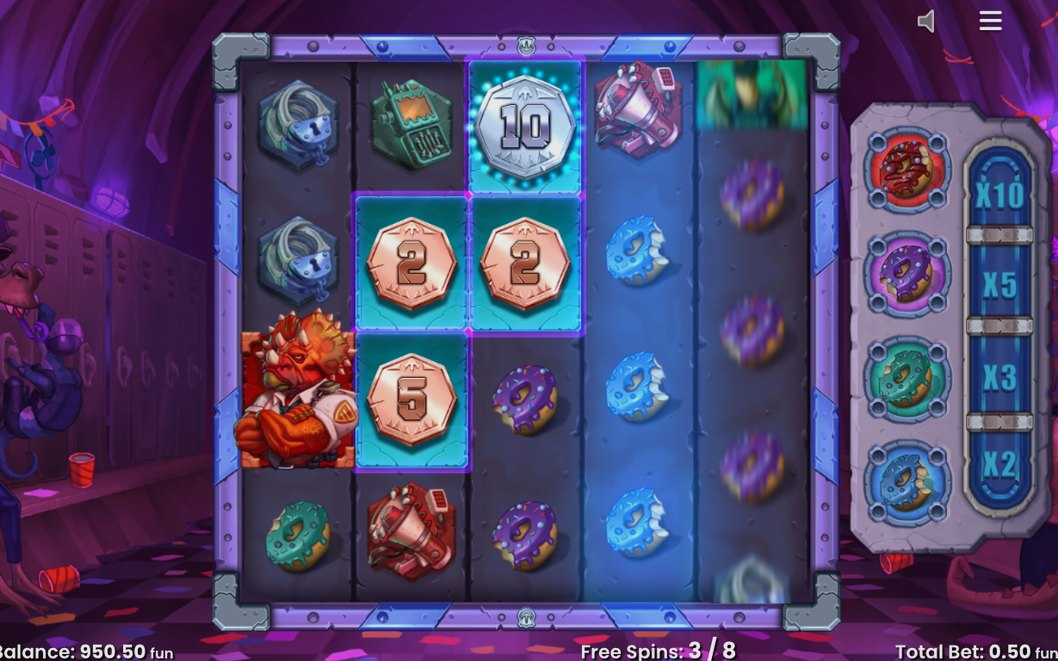 Free Spins-spinn med Dino Coin-multiplikator i rutnätet